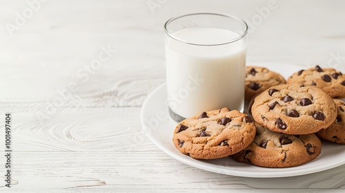 Chocolate chip cookies on a plate with a glass of milk, homey vibe