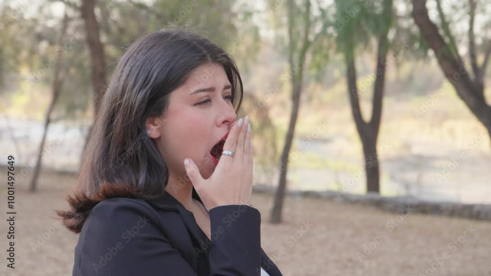 Hispanic young woman yawning in the park, businesswoman tired wearing a suit outdoors. Hispanic young woman yawning in the park, businesswoman tired wearing a suit outdoors.