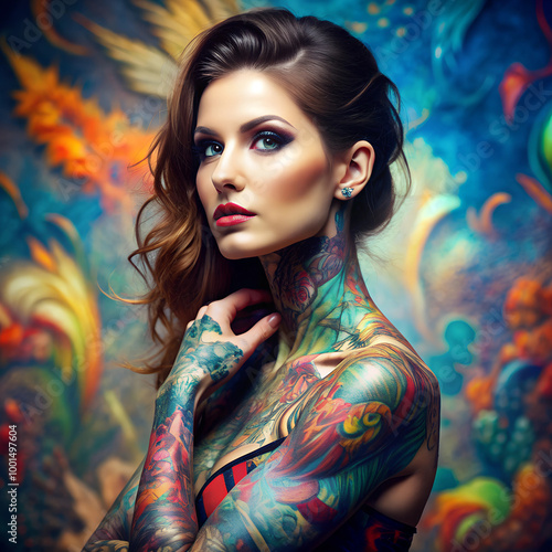 A portrait of a confident woman with elaborate, colorful tattoos covering her arms, neck, and shoulders, set against a vibrant and artistic background.