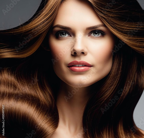 A portrait of a woman with sleek, glossy, long wavy hair, capturing her natural beauty and emphasizing the healthy shine and volume of her hairstyle. photo