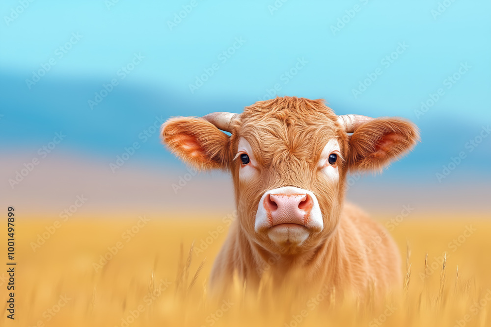 A young calf grazes in a golden field under a clear blue sky during daylight hours