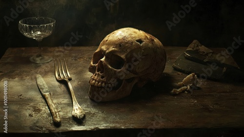 Dark Still Life with Human Skull, Vintage Cutlery, and Candle Wax, Evoking Themes of Mortality and Vanitas Art