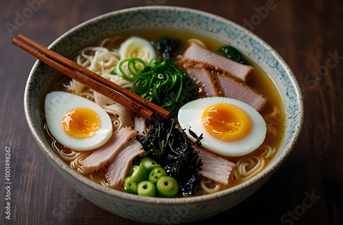 A steaming bowl of ramen with soft-boiled egg, sliced pork, green onions and seaweed in a rich, flavorful broth 