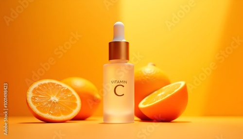 Vitamin C serum, vibrant mood, placed near fresh oranges, bright orange background
