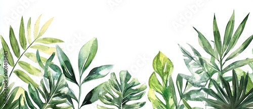 Watercolor painting of lush green tropical leaves on a white background.