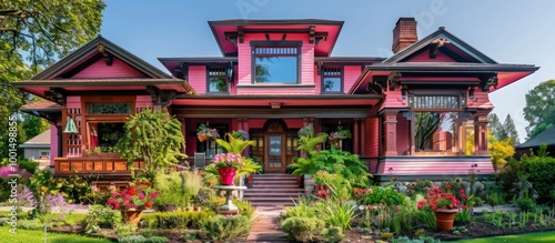 Bright pink Craftsman-style home with a charming front garden, detailed woodwork, and large bay windows.