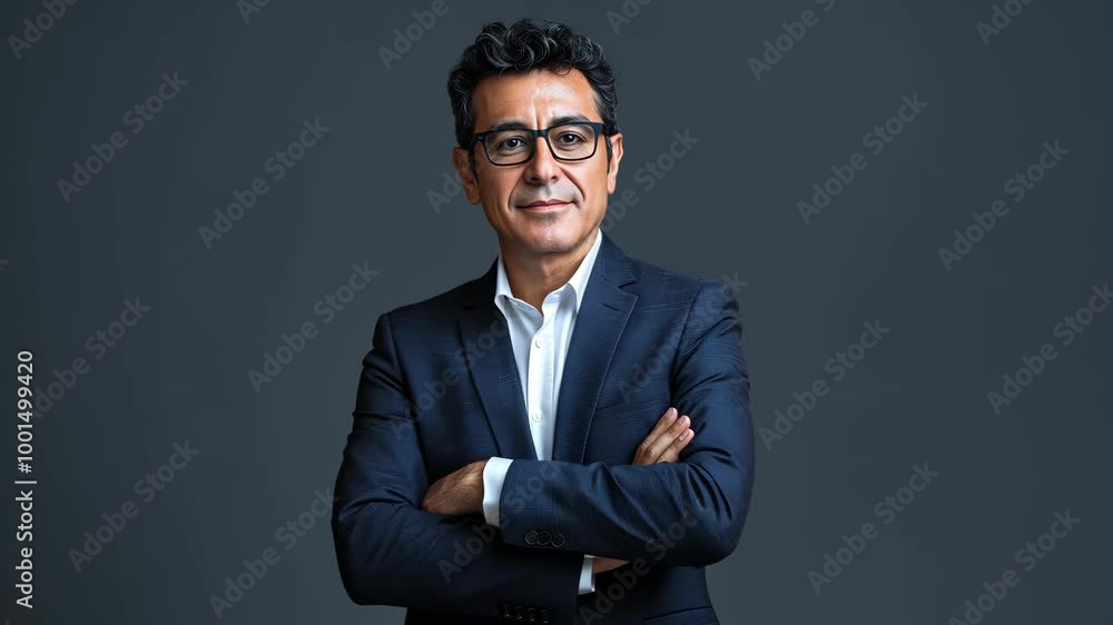 A man in a blue suit and white shirt stands with his arms crossed in front of a grey background A man in a blue suit and white shirt stands with his arms crossed in front of a grey background