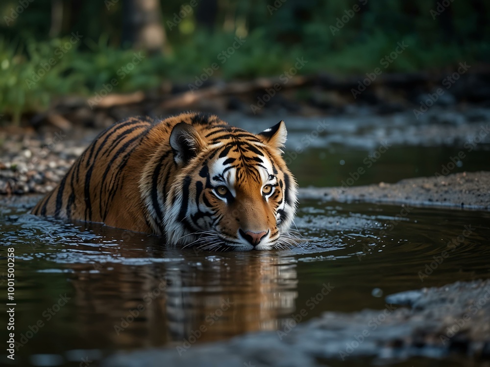 Amur tiger wading through a stream in a lush Russian forest. Amur tiger wading through a stream in a lush Russian forest.
