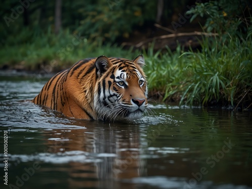 Amur tiger wading through a stream in a lush Russian forest.