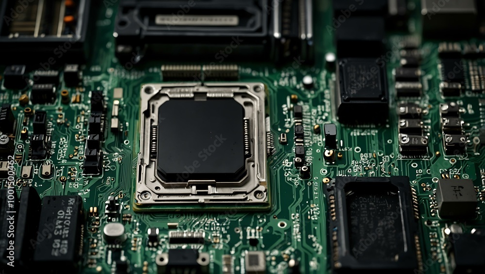 An intricate computer motherboard highlights the processor socket and circuitry. An intricate computer motherboard highlights the processor socket and circuitry.