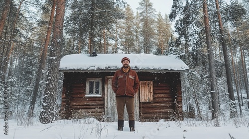 A man in a Finnish national costume, standing in front of a wooden cabin in a snowy forest photo