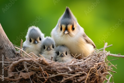 Tender moment  a titmouse nurturing its chicks in the nest, capturing nature s beauty photo