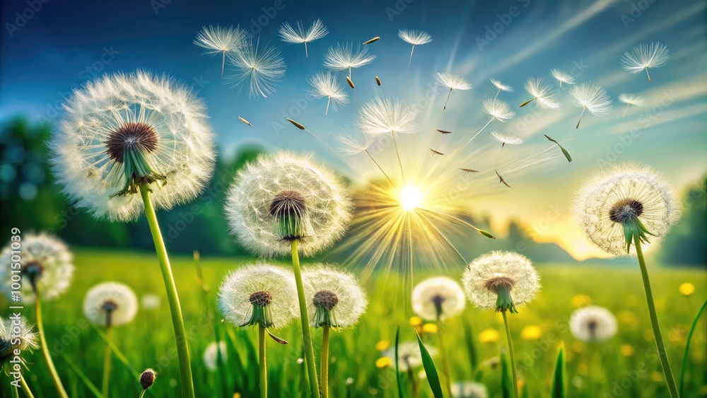 Delicate Dandelion Seeds Dancing in the Breeze on a Bright Sunny Day in a Green Meadow Landscape Delicate Dandelion Seeds Dancing in the Breeze on a Bright Sunny Day in a Green Meadow Landscape