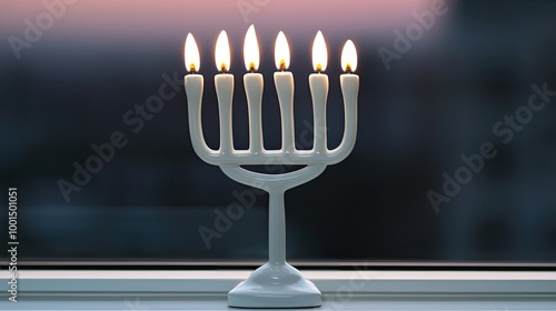 A white menorah with eight lit candles, placed on a windowsill against a soft, blurred sunset background, symbolizing celebration and light. photo