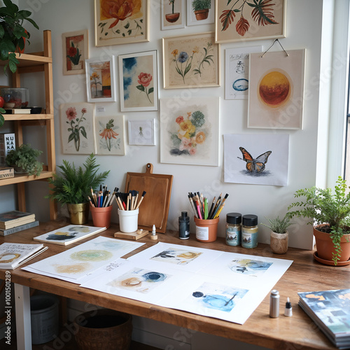 Workspace filled with art supplies