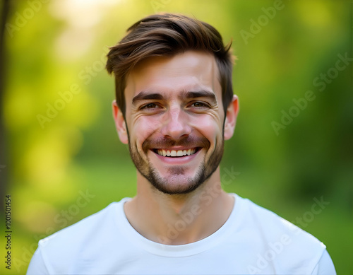 A young Caucasian man with short dark brown hair, a beard, and a friendly expression on his face. He mid to late 20s and is wearing a white t-shirt against a blurred natural background