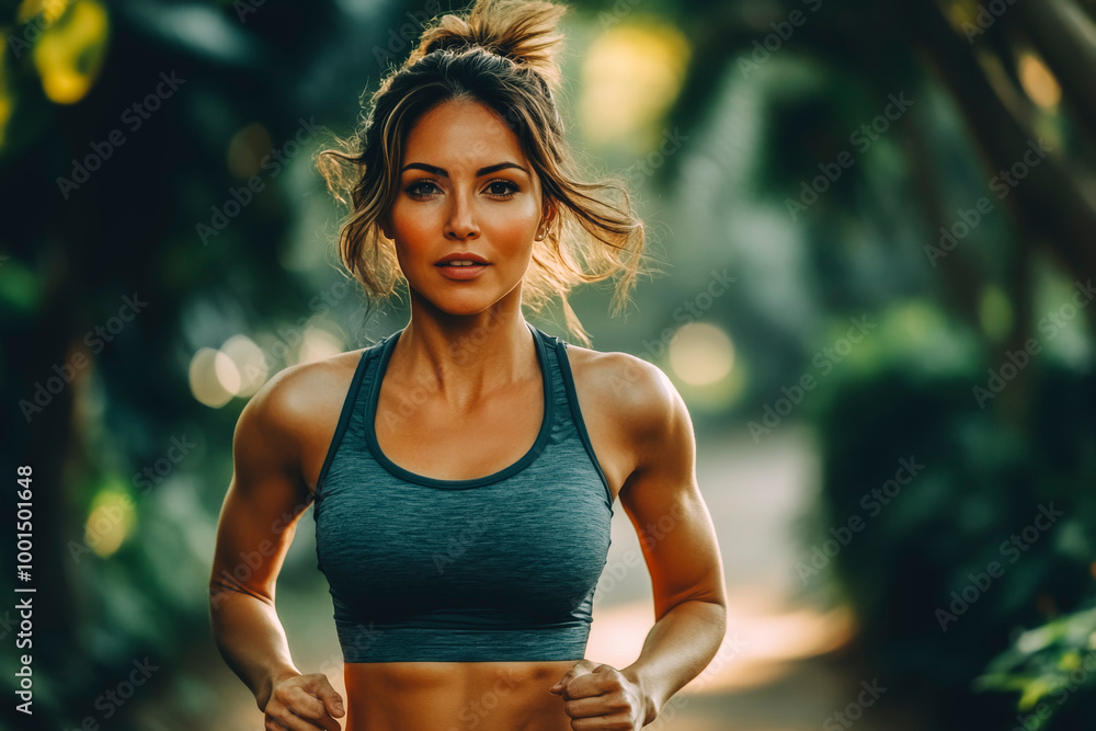 Fototapeta premium Determined Fitness Enthusiast Jogging in Lush Park Setting