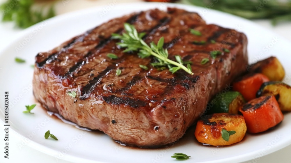 A high-resolution image of a perfectly grilled pork steak with a juicy center, garnished with fresh herbs and served with roasted vegetables on a white plate. A high-resolution image of a perfectly grilled pork steak with a juicy center, garnished with fresh herbs and served with roasted vegetables on a white plate.