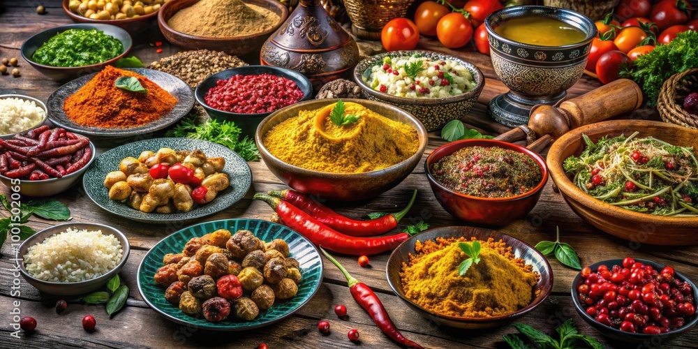 Fototapeta premium Delicious Arabic Food Spread Featuring Traditional Dishes and Colorful Spices on a Rustic Table
