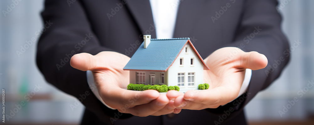 estate agent holding miniature house model estate agent holding miniature house model