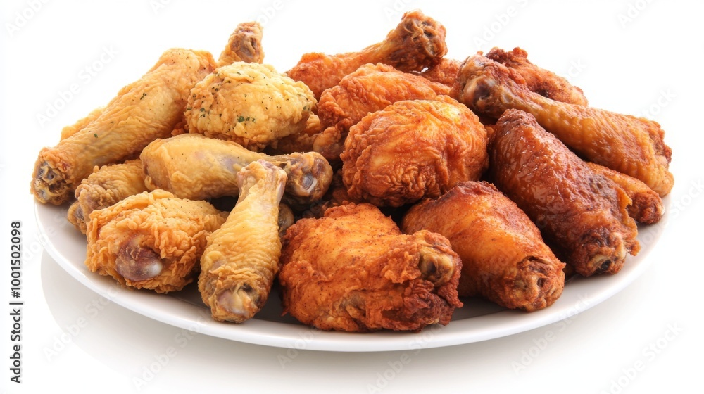 A high-resolution image of a plate of fried chicken with a white background, featuring a variety of pieces including drumsticks and wings, arranged appetizingly. A high-resolution image of a plate of fried chicken with a white background, featuring a variety of pieces including drumsticks and wings, arranged appetizingly.