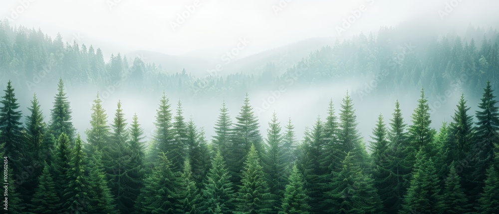 Fototapeta premium Foggy forest landscape with evergreen trees