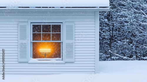 A cozy, illuminated window shines warmly amid a snowy landscape, highlighting a peaceful winter scene. photo