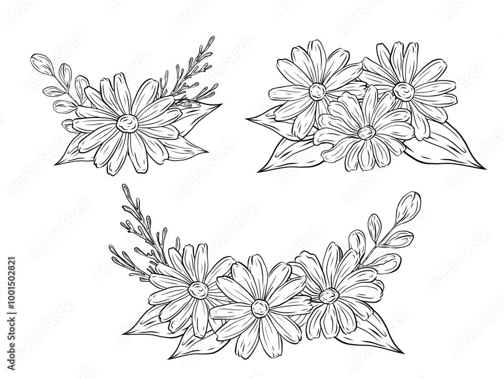 Set of vector bouquets of chamomile with leaves. Hand drawn graphics, linear drawing. Compositions of chamomile flowers with leaves and greenery. Black and white illustration for design and decoration Set of vector bouquets of chamomile with leaves. Hand drawn graphics, linear drawing. Compositions of chamomile flowers with leaves and greenery. Black and white illustration for design and decoration