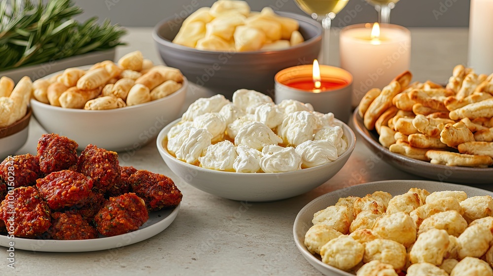 A vibrant display of assorted snacks and appetizers arranged on a table, featuring bowls of various treats and soft lighting creating a cozy atmosphere. A vibrant display of assorted snacks and appetizers arranged on a table, featuring bowls of various treats and soft lighting creating a cozy atmosphere.