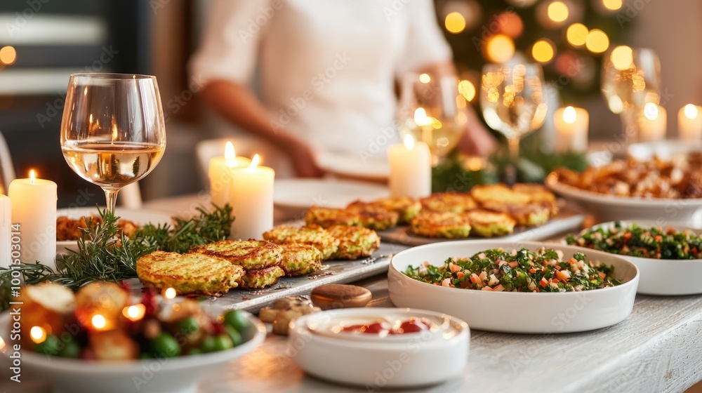A beautifully arranged festive table with various dishes, candles, and glasses of wine, evoking a cozy holiday atmosphere. A beautifully arranged festive table with various dishes, candles, and glasses of wine, evoking a cozy holiday atmosphere.