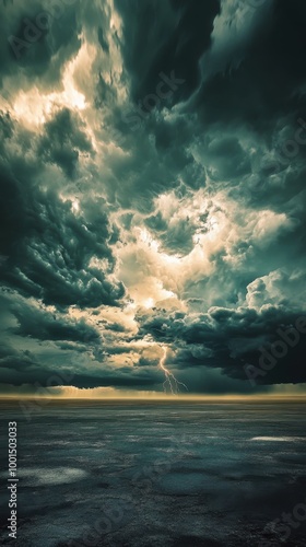 Dark clouds gather as a thunderstorm brews, with lightning striking across the expansive plain