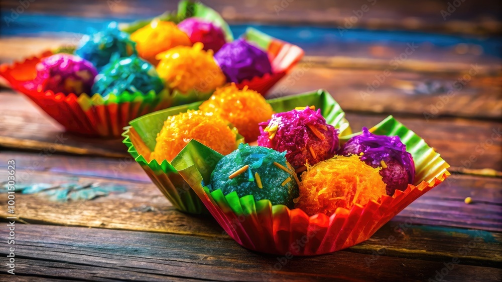 Delicious Mexican Coconut Candy Displayed in a Colorful Wrapper on a Wooden Background Surface Delicious Mexican Coconut Candy Displayed in a Colorful Wrapper on a Wooden Background Surface