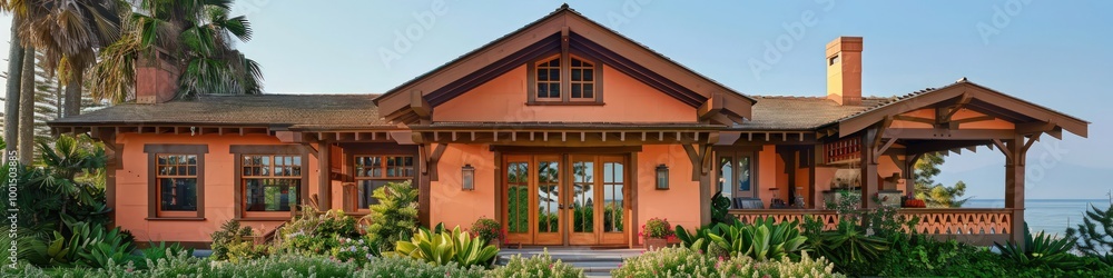 Bright peach Craftsman-style house by the beach, with rustic beams and lush greenery. Bright peach Craftsman-style house by the beach, with rustic beams and lush greenery.