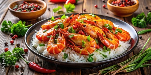 Delicious shrimp served on a bed of fluffy rice garnished with herbs and spices for a tasty meal