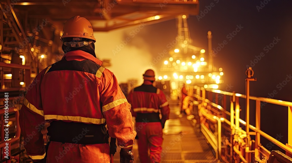 Workers in safety gear on a lit offshore oil platform, surrounded by industrial equipment and the open sea, underlining the challenging environment of offshore work Workers in safety gear on a lit offshore oil platform, surrounded by industrial equipment and the open sea, underlining the challenging environment of offshore work