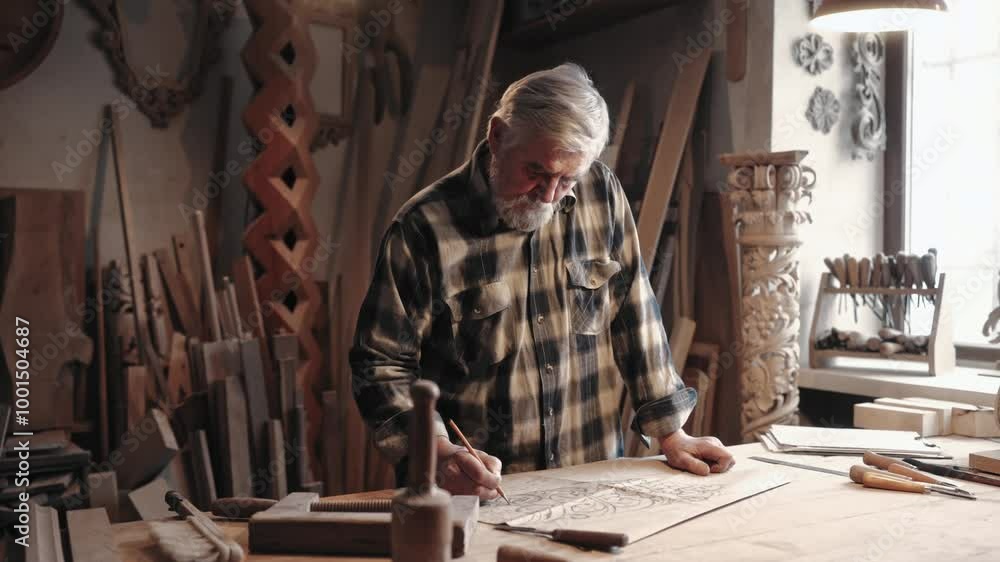 Older Caucasian male standing in front of working table while looking down. Man observing drawing or design of new furniture. Making corrections or markings with pencil. Drawing on paper. Older Caucasian male standing in front of working table while looking down. Man observing drawing or design of new furniture. Making corrections or markings with pencil. Drawing on paper.