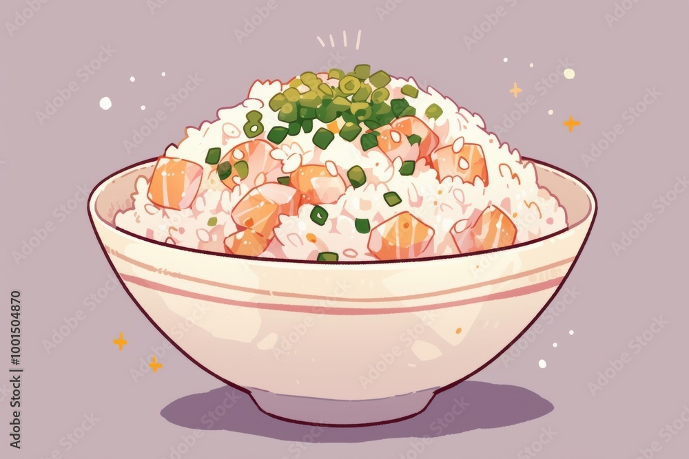 Delicious Bowl of Rice with Salmon and Green Onion Delicious Bowl of Rice with Salmon and Green Onion