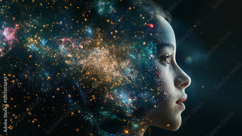 Portrait of a girl with a cosmos of stars and galaxy blending into space surrounding her face Portrait of a girl with a cosmos of stars and galaxy blending into space surrounding her face
