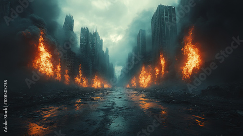 Burned out city street with no one on it, flames on the ground, and distant explosions of smoke. Apocalyptic perspective of the city center as a design for a catastrophe movie poster  