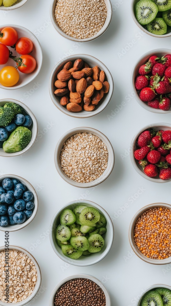 Bright bowls of fresh fruits, veggies, and grains showcase a lively vegan lifestyle Bright bowls of fresh fruits, veggies, and grains showcase a lively vegan lifestyle
