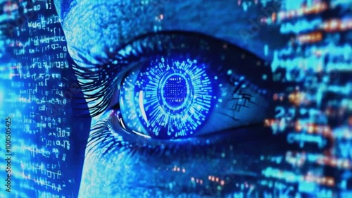 A digital eye icon hovers over a wave of binary code, scanning and flashing blue light, cybersecurity vigilance and real-time monitoring, 4k High-Quality Video technology Background