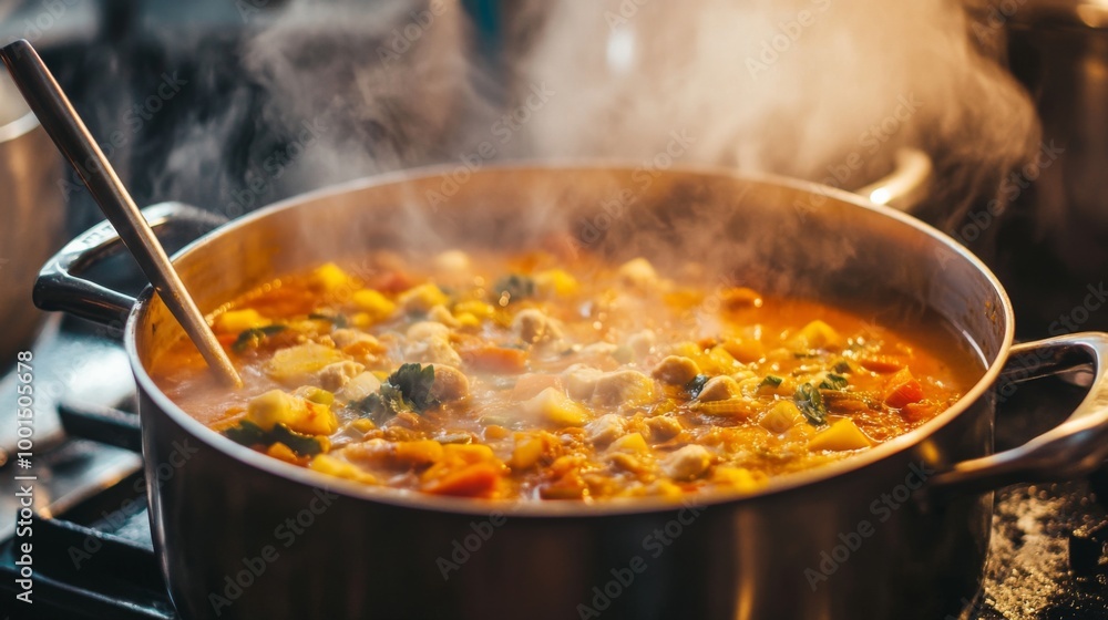 A large soup pot filled with a hearty stew, simmering on a stovetop, with steam rising and ladle resting on the side, creating a cozy, home-cooked vibe. A large soup pot filled with a hearty stew, simmering on a stovetop, with steam rising and ladle resting on the side, creating a cozy, home-cooked vibe.