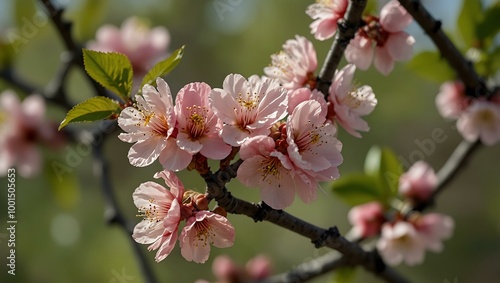 Apricot branch with pink flowers in spring.