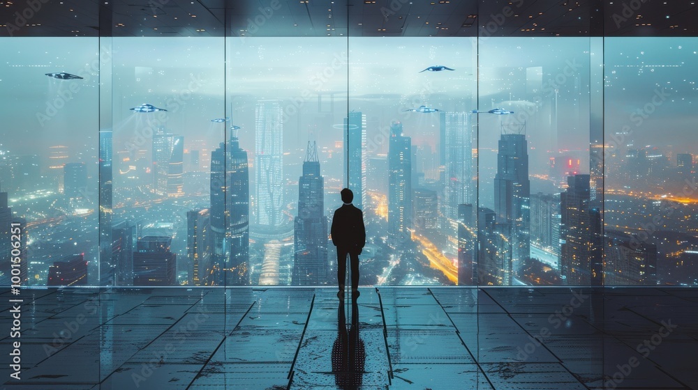 A futuristic man stands on an ultra-modern indoor balcony, outside is a futuristic city with towering skyscrapers and flying cars, A futuristic man stands on an ultra-modern indoor balcony, outside is a futuristic city with towering skyscrapers and flying cars,