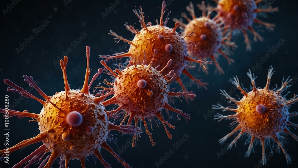 Artistic illustration of cancer cell spread. Artistic illustration of cancer cell spread.