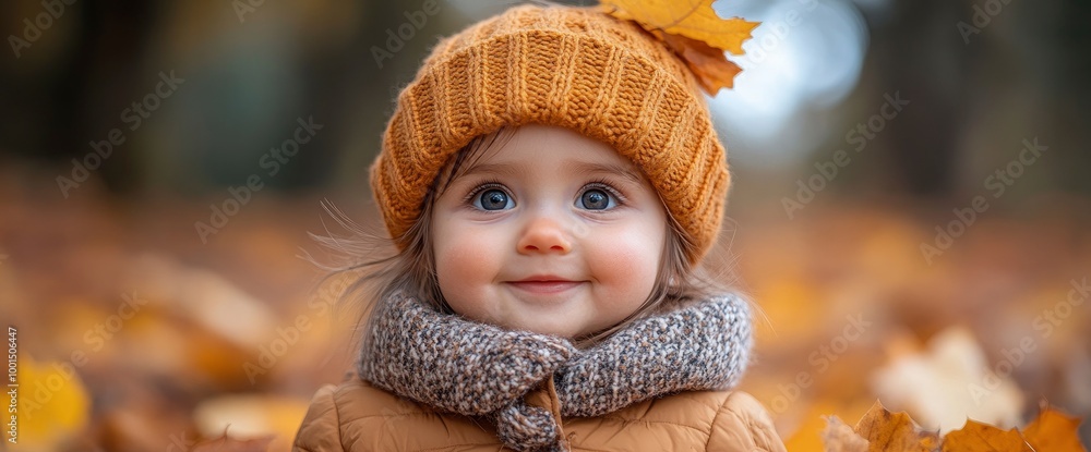Adorable Baby Girl in Autumn Leaves with Knit Hat Adorable Baby Girl in Autumn Leaves with Knit Hat