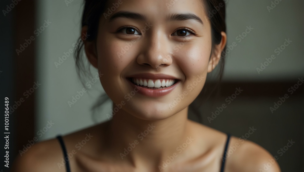 Asian woman smiling with her teeth showing. Asian woman smiling with her teeth showing.