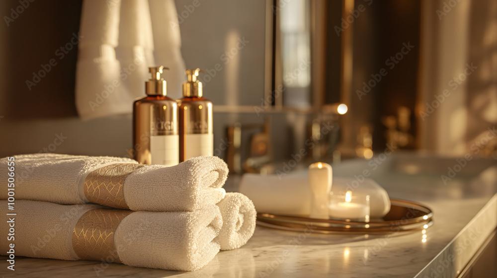 Elegant towels, luxury bathroom decor with candles, marble, and lotion for ultimate relaxation. Elegant towels, luxury bathroom decor with candles, marble, and lotion for ultimate relaxation.