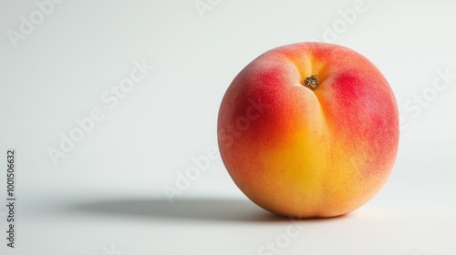 A red and yellow peach sits on a white background. The peach is ripe and ready to eat