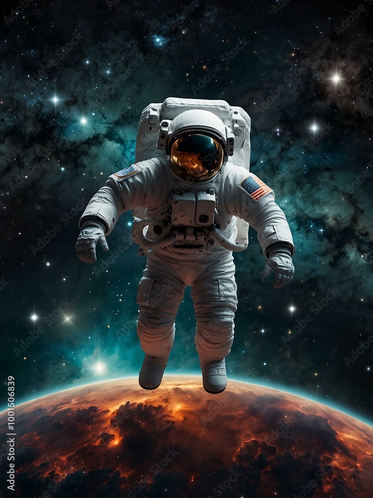 Astronaut floating in space surrounded by stars and nebulae. Astronaut floating in space surrounded by stars and nebulae.